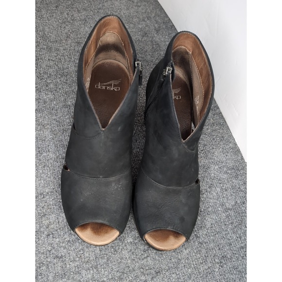 Dansko Delphina Bootie Sz 9 US / 39 Peep-Toe Platform Leather‎ Black Suede Heels - Picture 2 of 9
